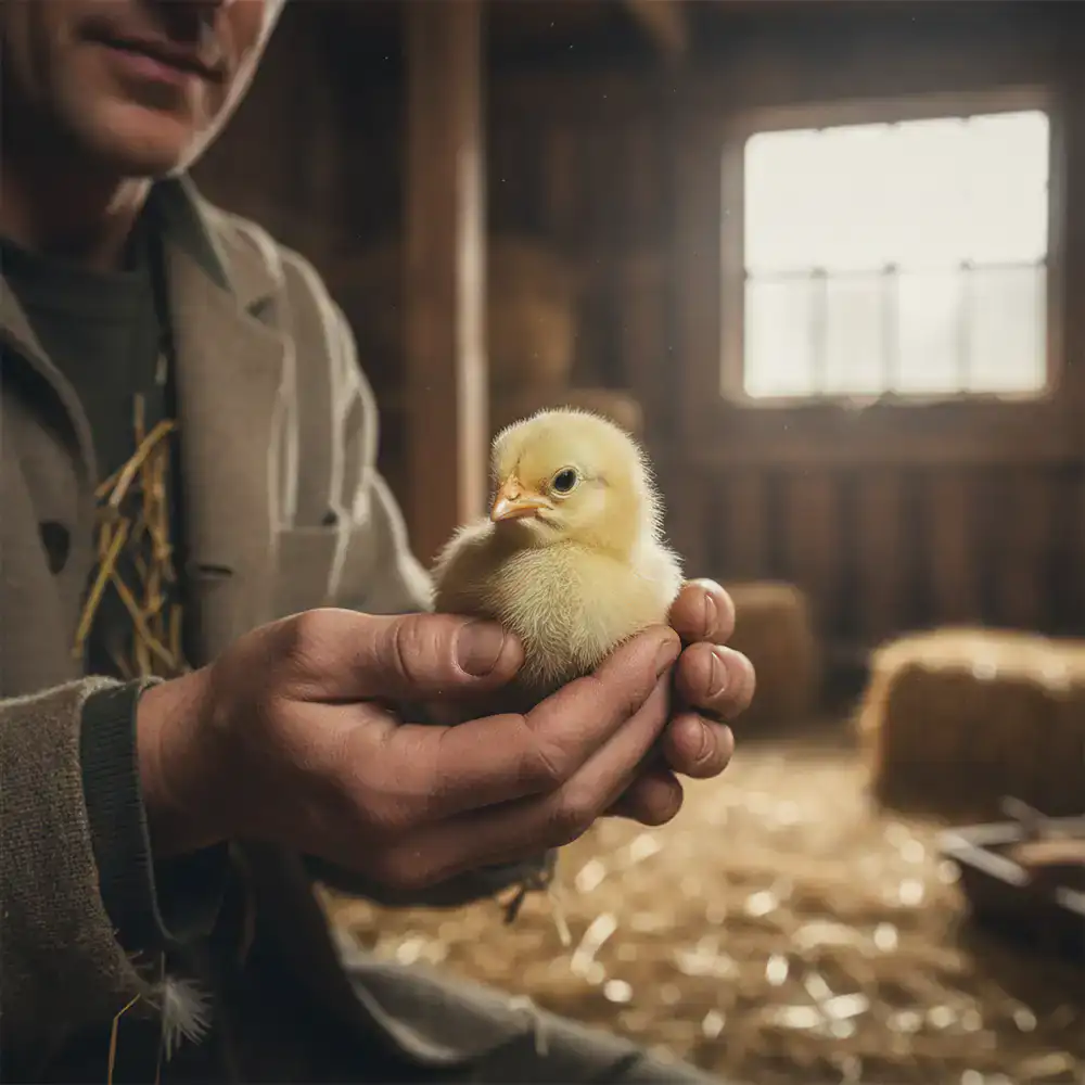 Geflügelzüchter hält behutsam ein junges Küken in den Händen