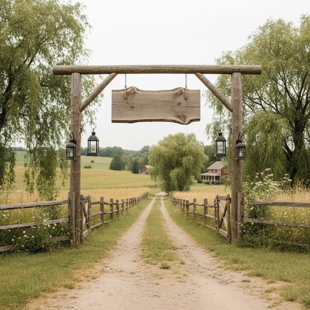 Der einladende Eingang zur Willow Creek Family Farm mit rustikalem Holzschild