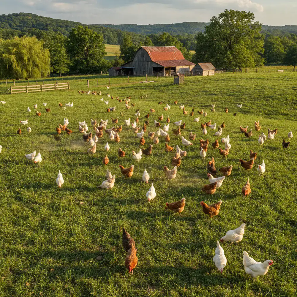 Große Hühnerherde auf der grünen Weide der Willow Creek Farm