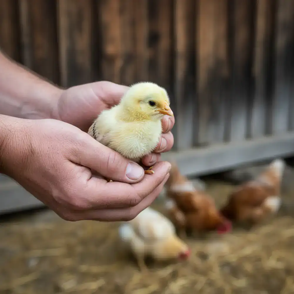Behutsame Pflege eines Kükens auf dem Hof