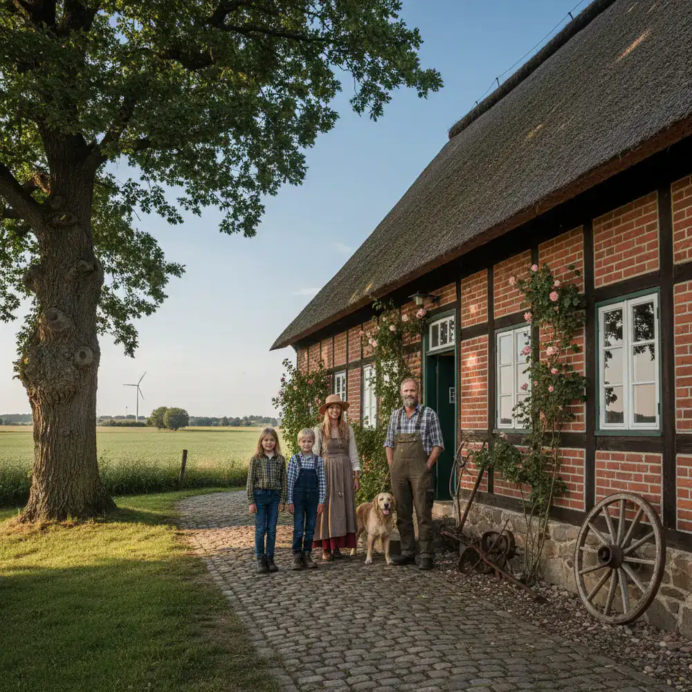 Die Familie der Willow Creek Farm vor ihrem historischen Bauernhaus in Niedersachsen