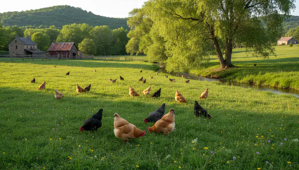Glückliche Hühner traditioneller Rassen auf der grünen Weide der Willow Creek Family Farm