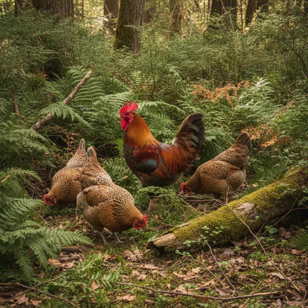 Ein Hahn und mehrere Hennen der Willow Creek Farm im Unterholz